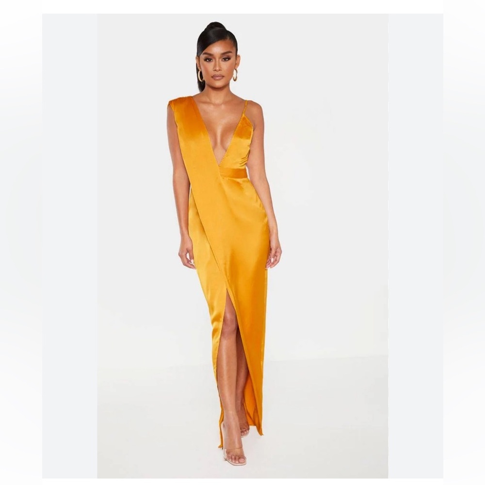 PrettyLittleThing One Shoulder Satin Gold Dress